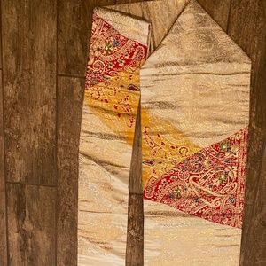 Vtg Japanese Paisley Gold Silk Brocade Fukuri Obi